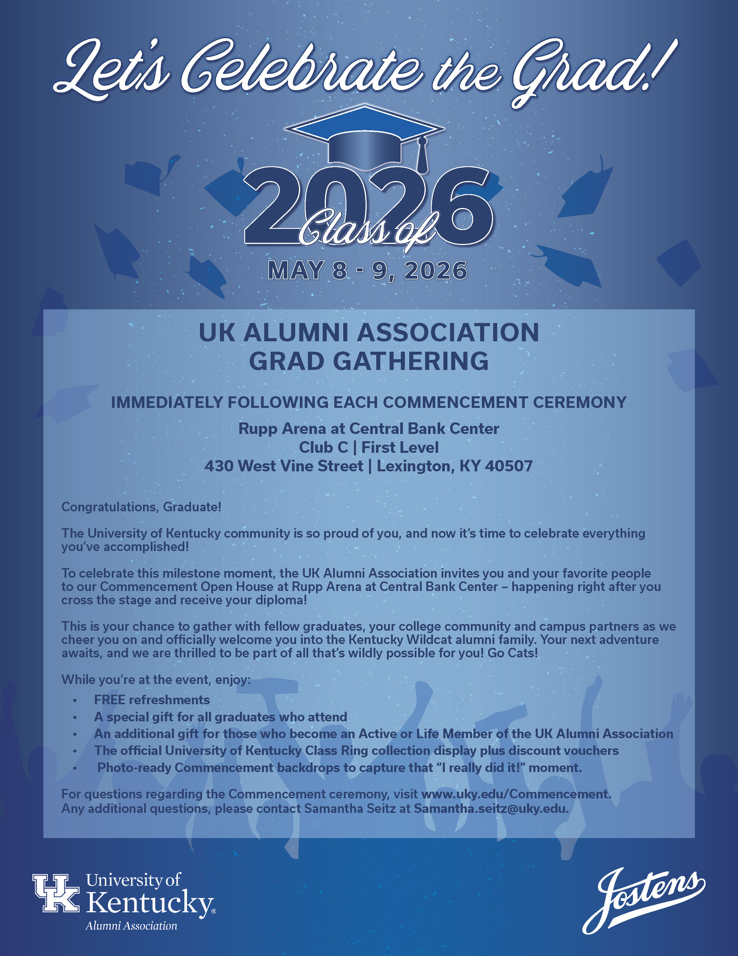Information flyer for the UK Alumni Association Grad Gathering event, which occurs immediately after each Commencement ceremony in Club C of Rupp Arena.