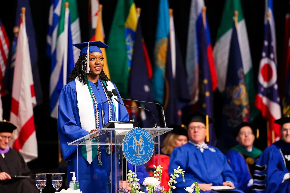 Isabella Nkemeh speaking at graduation